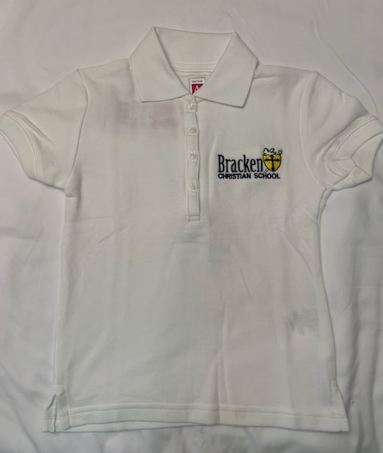 Clearance Pique Polo, White, Short Sleeve EMB-BCS (Old Logo) – Size Girls XXS-XL (Sales are Final on Clearance Polos)
