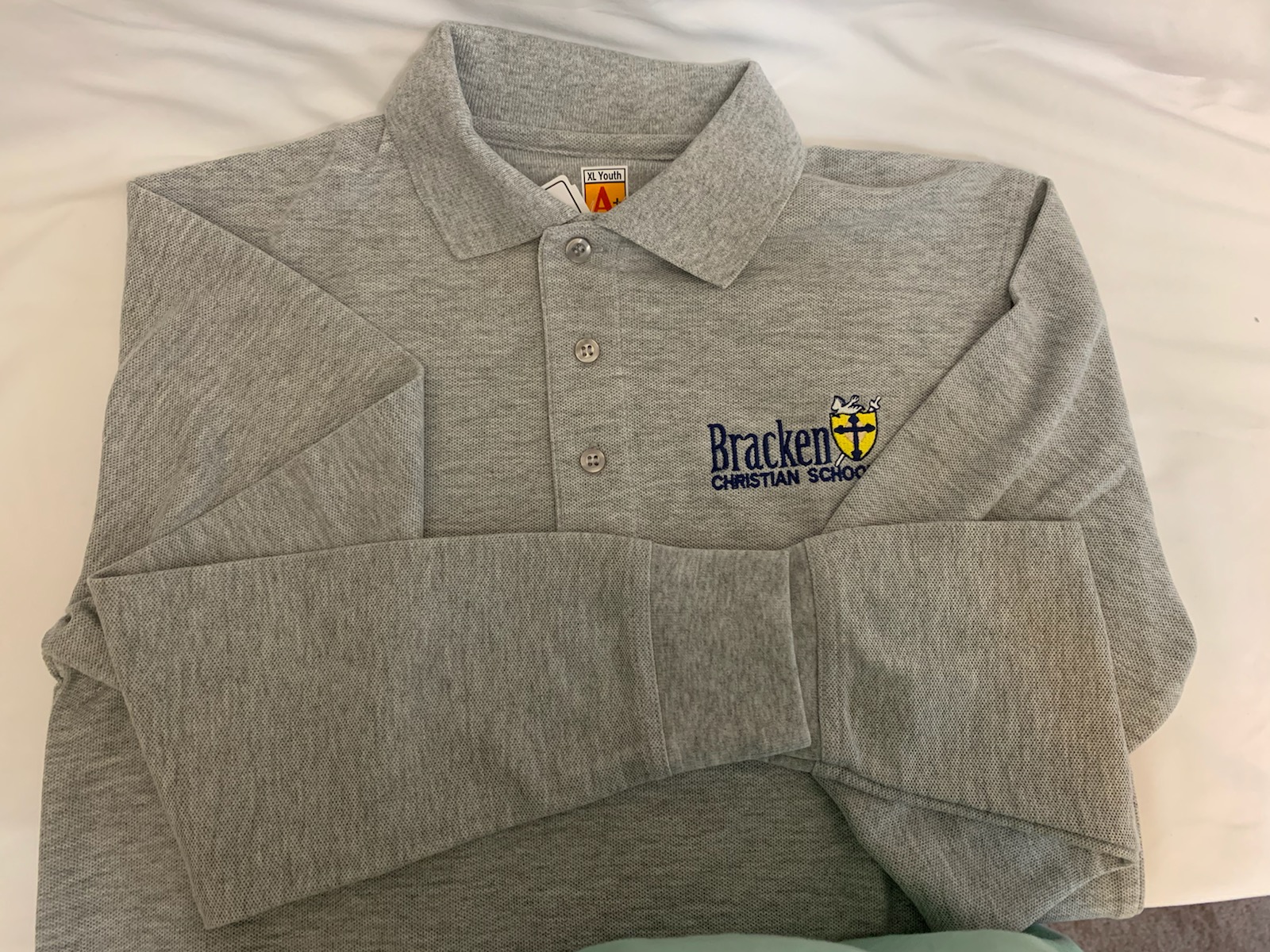 Clearance Pique Polo, Gray, Long Sleeve EMB-BCS (Old Logo) – Size Youth XXS – XL (Sales are Final on Clearance Polos)